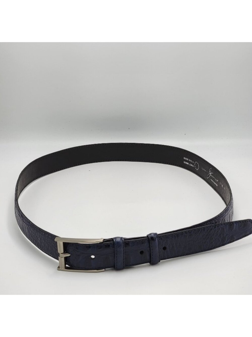 Vtg Giorgio Brutini Genuine Navy Blue Leather Belt With Embossed Texture & Silve